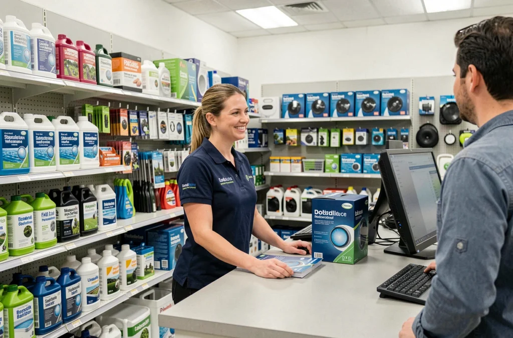 Intérieur d'un magasin Irrijardin avec rayons de produits piscine et une conseillère en uniforme aidant un client, représentant le point de vente morbihannais du réseau national