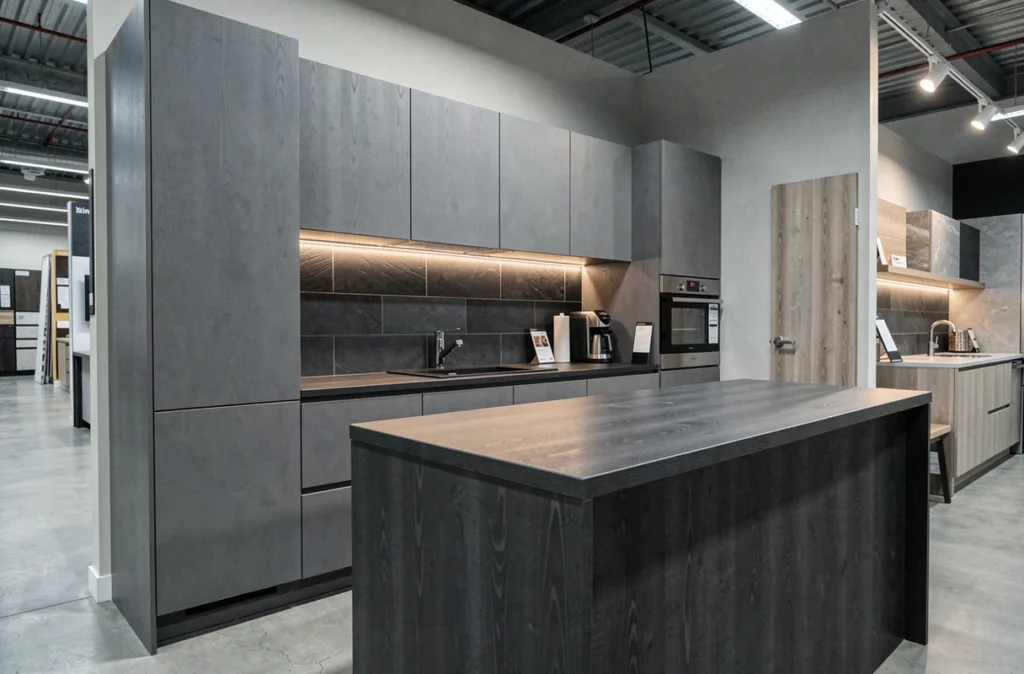 Cuisine Ixina style urbain avec façades gris graphite et îlot stratifié en cascade exposée dans un showroom vendéen