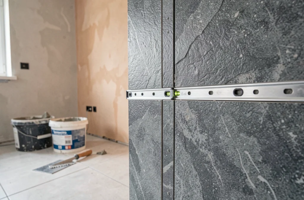 Gros plan sur le joint de deux panneaux Terrasto sur un mur intérieur avec niveau à bulle révélant un défaut d'alignement