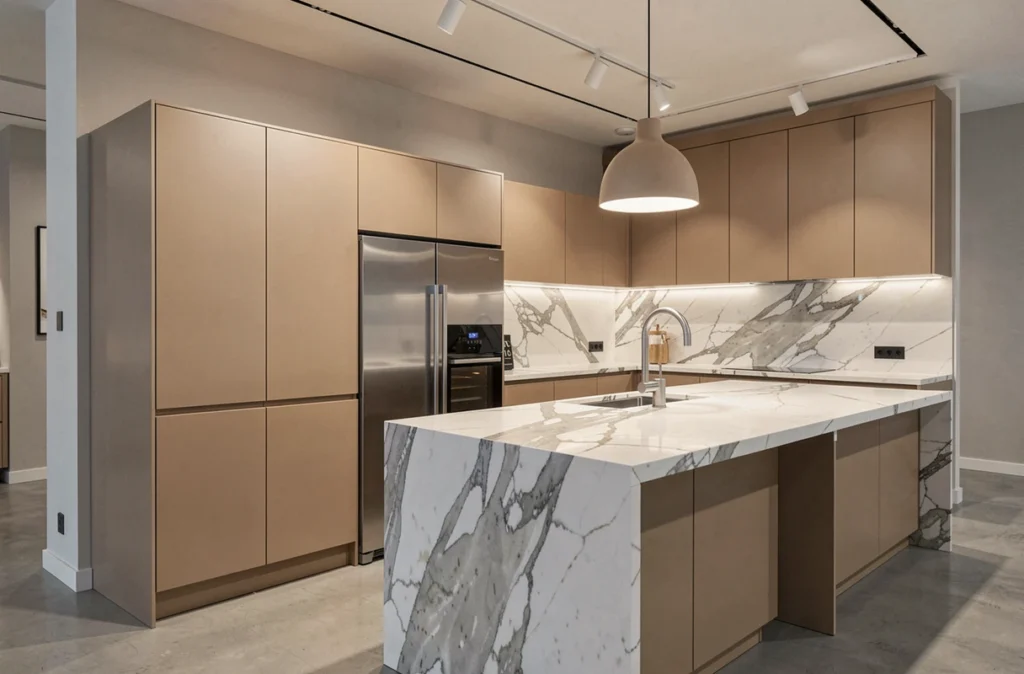 Cuisine haut de gamme Leicht avec façades laquées sable et plan de travail en marbre Calacatta dans un showroom en Vendée