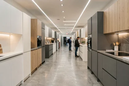 Showroom de cuisinistes en Vendée avec plusieurs modèles exposés dans un espace moderne et lumineux