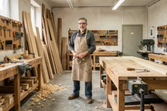 Atelier de menuiserie dans le Rhône avec artisan au travail parmi les outils et planches de bois