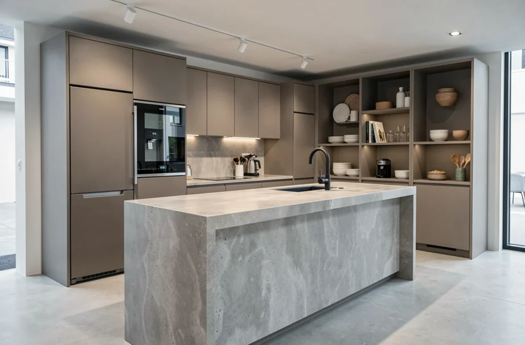 Cuisine Mobalpa avec façades taupe matte et îlot en Dekton effet béton présentée dans un showroom vendéen