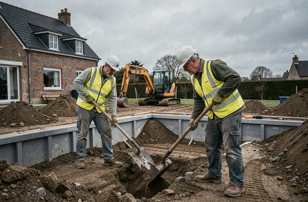 Équipe de chantier de Mondial Piscine en train d'excaver pour une installation de piscine enterrée en Bretagne Sud, avec pelleteuse et terres fraîchement remuées