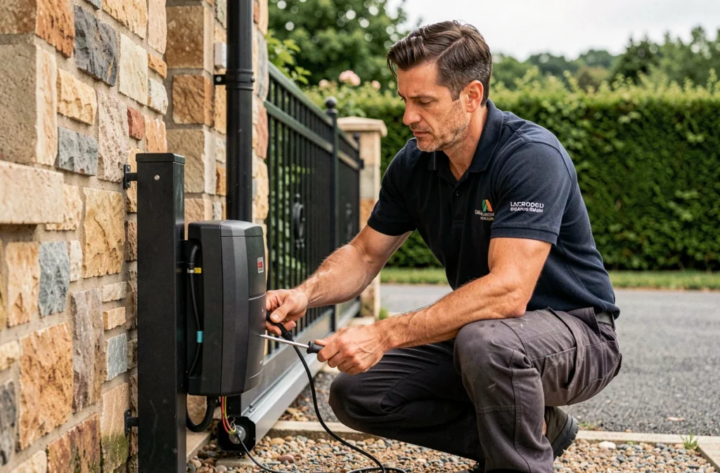 Technicien de Pegaz Automatisme installant un portail automatique sur une propriété dans le Rhône
