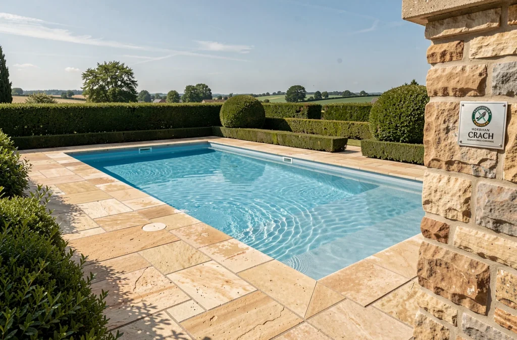 Grande piscine résidentielle avec certification EuroPiscine sur fond de jardin soigné dans le Morbihan, représentant Piscines Bretagne Sud à Crach