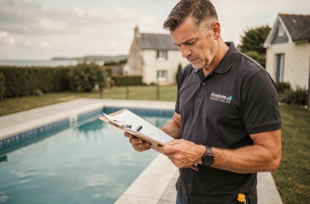Constructeur de piscines certifié JMS debout au bord d'une piscine carrelée à Lorient ou Auray, tenant des plans techniques avec une expression professionnelle