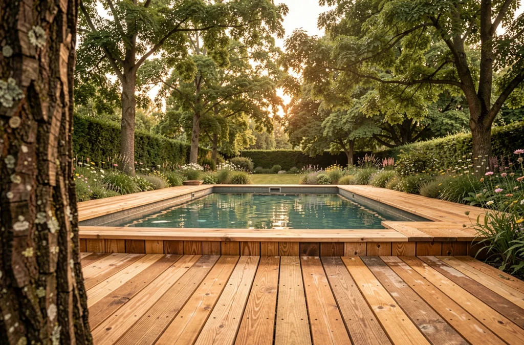 Piscine en bois avec terrasse en bois traité et jardin naturel luxuriant, représentant l'approche écologique de Piscines O'Bois spécialiste bois dans le Morbihan