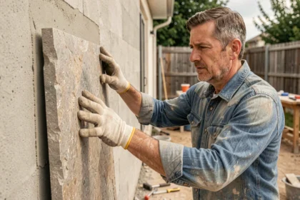 Artisan alignant un panneau Terrasto sur un mur extérieur en béton brut lors d'une pose de parement mural