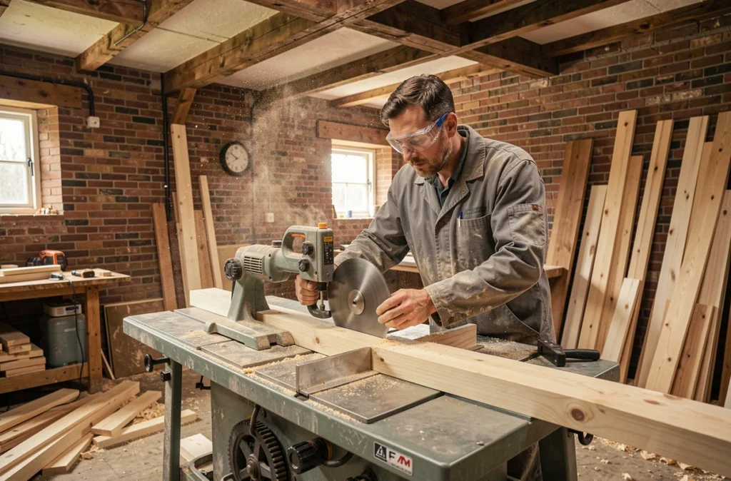 Menuisier professionnel utilisant une scie circulaire pour découper des planches en pin