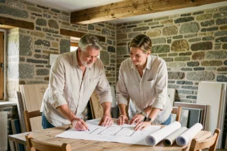 Couple examinant des plans de rénovation dans une ferme en pierre bretonne en Ille-et-Vilaine pour un projet clé en main