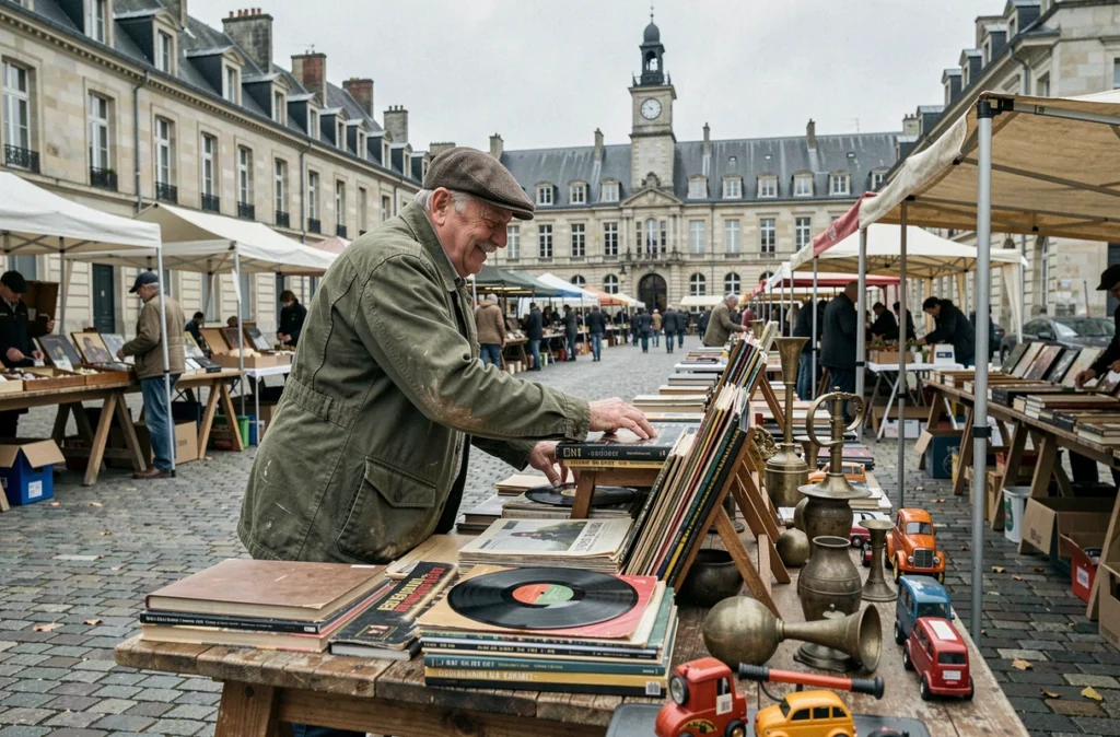 Vendeur homme installant son stand de livres et vinyles à un vide-grenier du département 92