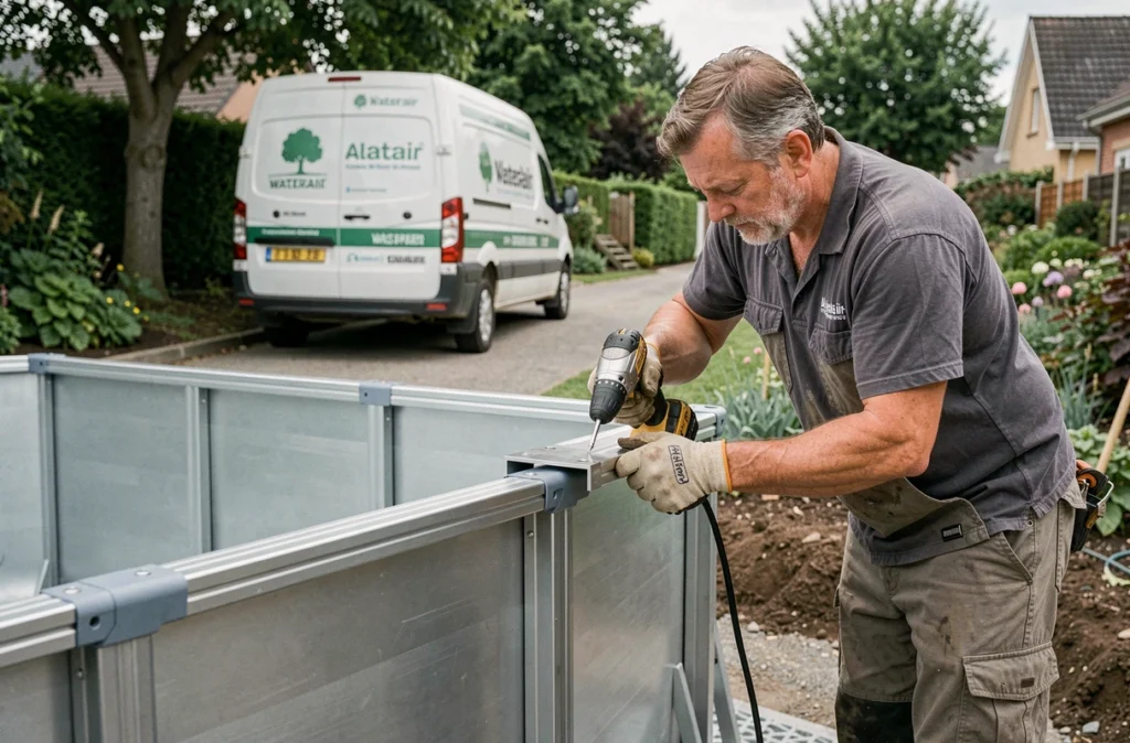 Installateur local assemblant une piscine à panneaux acier de fabrication Waterair dans un jardin du Morbihan, avec véhicule de livraison en arrière-plan