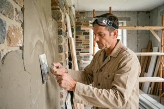 Artisan plâtrier au travail dans une maison alsacienne en cours de rénovation, appliquant de l'enduit sur un mur avec une taloche professionnelle